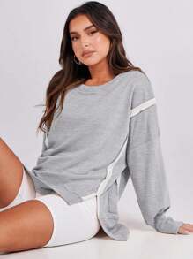 Women's Oversized Sweatshirt Round Neck Long Sleeve Hoodie - Grey - View 8