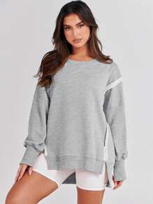Women's Oversized Sweatshirt Round Neck Long Sleeve Hoodie - Grey - View 3