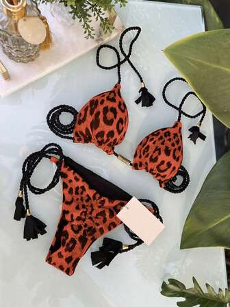 Leopard Print Pattern With Lace Up Tassels For A Sexy Look Swimwear Two Pieces Bikini Set Summer