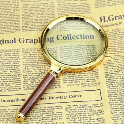 10X แว่นขยายอ่านหนังสือแบบมือถือ, เส้นผ่านศูนย์กลาง 60มม./70มม./80มม./90มม./100มม., ด้ามจับลายไม้ Faux, ชุบทอง