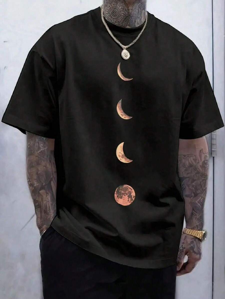 Basic Moon Phases T-Shirt (FRONT) Men's Women's Cotton Shirt Reinforced Stitching Unisex StreetWear - 黑色 - 查看 1