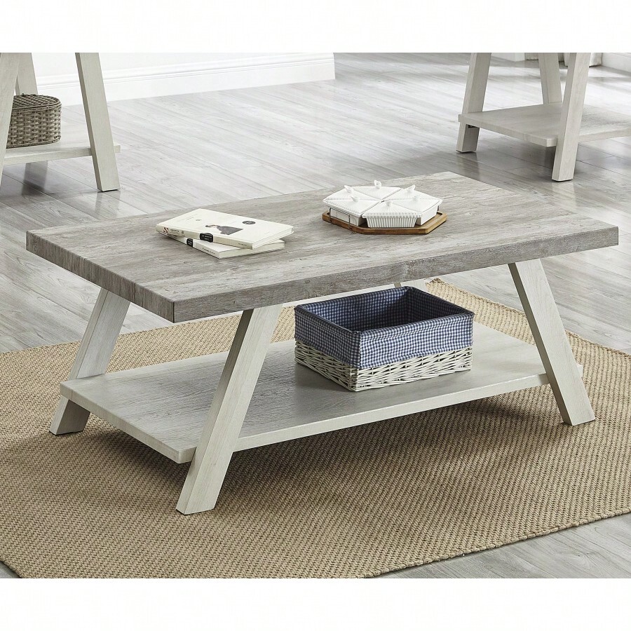 Athens Contemporary TwoTone Wood Shelf Coffee Table In Weathered Gray