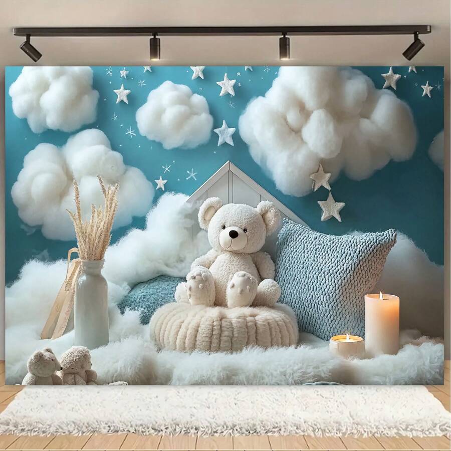 1 pieza Telón de fondo de fotografía con cielo azul y nubes blancas, nueva tela de poliéster multipropósito para decoración de fondo de fiesta 82.7*59.1/59.1*39.4/39.4*29.5 pulgadas, excelente para decoración del hogar, dormitorio, sala de estar, decoraciones de fiesta de cumpleaños de niños, bautizo, baby shower y estudio de fotografía - Multicolor - Ver 1