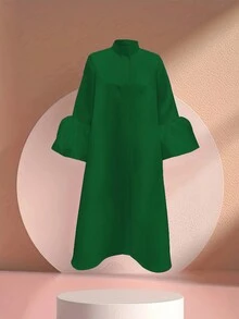 Đầm dài vừa phải, cổ đứng, tay đèn lồng, màu trơn, giản dị, thanh lịch, ngọt ngào, nhẹ nhàng dành cho nữ mùa hè - màu xanh lá - Xem 2