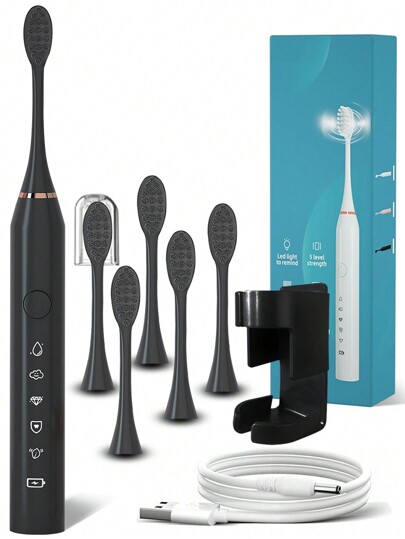 1pc Black Electric Toothbrush, 6 Replaceable Brush Heads, 1 Wall Mount Holder, 1 Dust Cover, IPX7 Waterproof, 5 Cleaning Modes, Long Battery Life, USB Rechargeable Adult Electric Toothbrush