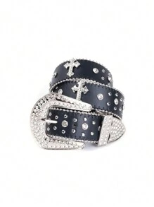 Crystal Studded Cross Western Cowboy Belt, Shiny Street Fashion Rhinestone Zinc Alloy Decor Waist Belt, Unisex Christmas Gift, Halloween - màu đen - Xem 14