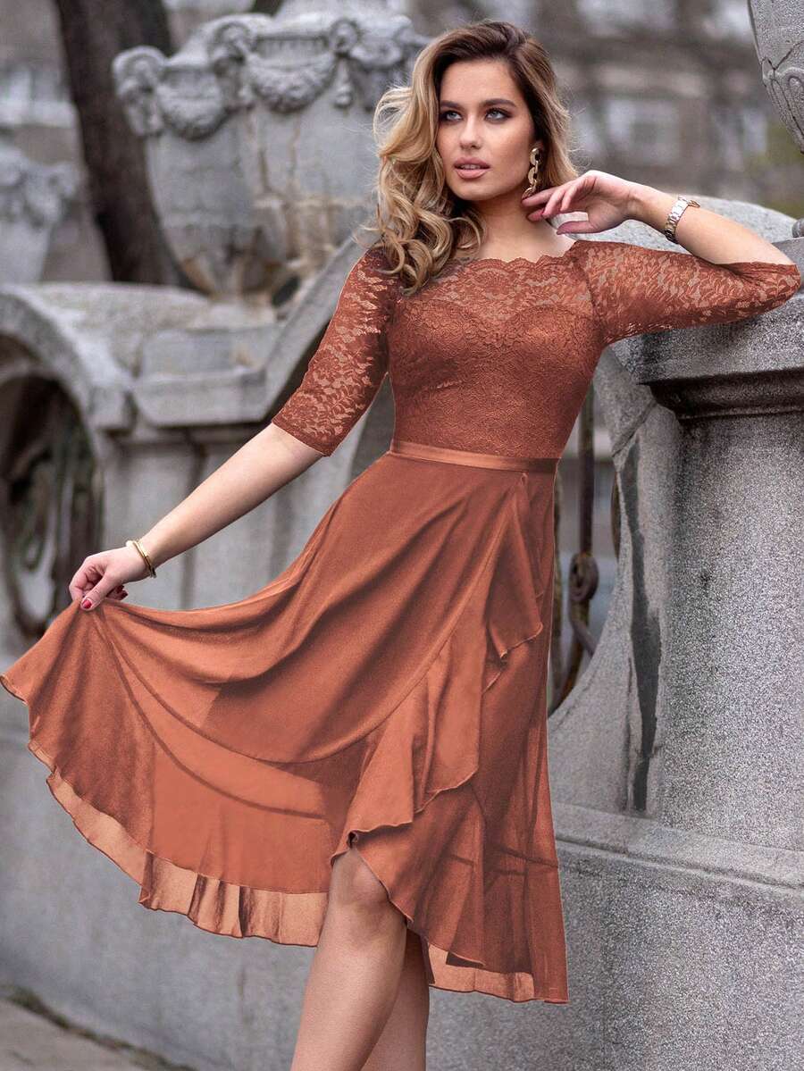 MIUSOL Floral Lace Boat Neck Sleeveless Chiffon Ruffle Hem Swing Dress For Party