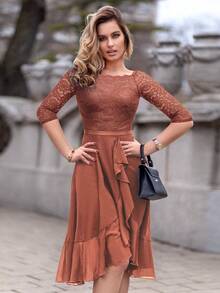 MIUSOL Floral Lace Boat Neck Sleeveless Chiffon Ruffle Hem Swing Dress For Party - Rust Brown - View 4