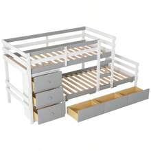 Twin Over Twin Loft Bunk Bed With Drawers And Ladder, Gray - 灰色+松木+雙色如圖 - 查看 7