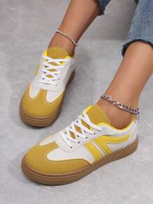 Giày thể thao đế dày thoáng khí kiểu Đức, giày tập luyện thời trang thường ngày, giày nhỏ màu trắng, giày mũi tròn, màu sắc phù hợp cho nữ mùa thu đông 2024 - Màu vàng - Xem 6