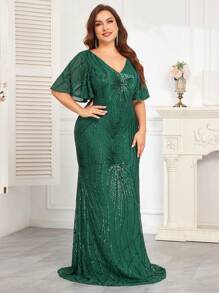 hezixi 高品质弹力串珠 V 领短袖礼服，奢华优雅的设计，适合新娘母亲，加大码，舞会晚礼服，适合婚礼嘉宾、毕业典礼、晚宴 - 綠色 - 查看 8