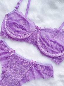 Kit 5 Lingerie Set Lace Bra Without Padded Bow Half Cup Sexy Panties - 彩色 - 查看 4