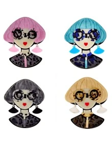 1pc Women Personalized Girl Wearing Glasses Acrylic Brooch, Portrait Style Pin For Jackets, Backpacks