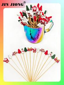 100pcs/Pack New Christmas Cocktail Sticks With Santa Claus, Christmas Tree, Letter, Christmas Gift, Snowman & Fruit Designs, Suitable For Christmas Party, Dinner, Bar Decorations, Halloween, Halloween Decoration - Multicolor - View 9