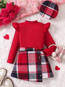 3pcs/Set Young Girl Fashion Elegant Outfits, Autumn/Spring Season: Double-Layer Cap Sleeve Knitted Turtleneck Tops And Plaid Single-Breasted Asymmetrical Hem Skirts And Matching Hats, Young Girl Casual Comfort Soft Matching Sets For School, Children Autumn/Spring Clothing