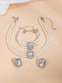 4 件套奢华时尚水晶镶嵌多层仿珍珠项链和手链、宝石耳环、优雅女士新娘首饰套装 - 彩色 - 查看 3