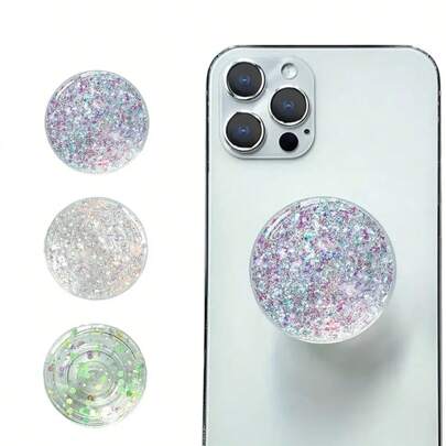 1 Stück transparenter glitzernder Handy-Airbag-Halter, Handy-Griff, Tropfenkleber-Desktophalter mit glänzender Pulverbeschichtung - Handy-Zubehör kompatibel mit iPhone, Android-Handy, Geschenk für Geburtstag, Familie, Freunde, Push-Pull-Handygriff, Handyhalter, Handyzubehör