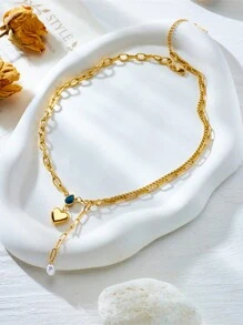 1 pieza Colgante de corazón de perla de alta gama de moda asimétrico de metal de acero inoxidable, diseño minimalista creativo, adecuado para uso diario, regalo