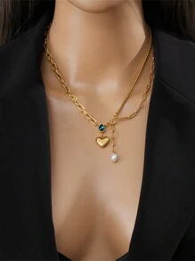 1 pieza Colgante de corazón de perla de alta gama de moda asimétrico de metal de acero inoxidable, diseño minimalista creativo, adecuado para uso diario, regalo