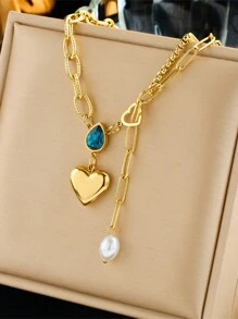 1 pieza Colgante de corazón de perla de alta gama de moda asimétrico de metal de acero inoxidable, diseño minimalista creativo, adecuado para uso diario, regalo