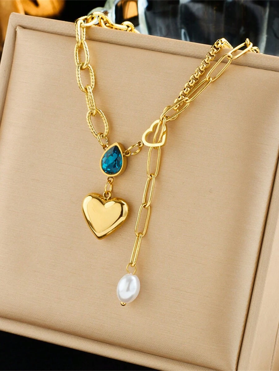 1 pieza Colgante de corazón de perla de alta gama de moda asimétrico de metal de acero inoxidable, diseño minimalista creativo, adecuado para uso diario, regalo