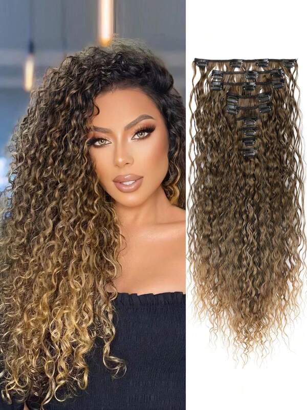 Hair Extension,  9PCS Clip In Hair Extensions, 22" Long Curly Thick Heat Resistant Synthetic Soft Deep Wave Hairpieces For Women-Dark Blonde