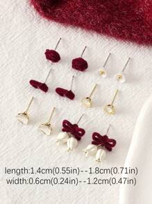 12pcs Fashion Elegant Bowknot & Flocked Flower Earring Set, Weekly Wear For Women, Autumn/Winter