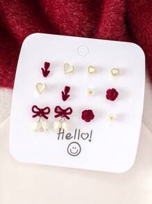 12pcs Fashion Elegant Bowknot & Flocked Flower Earring Set, Weekly Wear For Women, Autumn/Winter