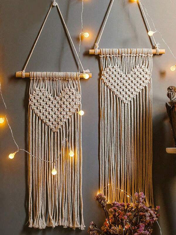 1pc Small Macrame Wall Hanging Room Decoration Gifts,Cute Mini White Hearts And Big Boho Woven Tapestry For Party, Classroom, Nursery, Bedroom, House, Dorm, Office, Birthday, Dormitory, Wedding Items,Mother's Day,Teachers' Day,Graduation Gift School Decor School Surprise Dormitory Decor Back To School