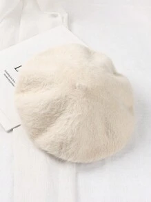 1pc Solid Color Faux Pearl Decor Vintage Rabbit Fur Solid Beret Hat, Cute Fuzzy Feel For Autumn/Winter