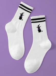 1 đôi tất cổ cao Unisex Halloween có thanh đôi, thiết kế hoạt hình dơi và mèo, tất thường ngày thấm hút mồ hôi chống mùi cho học sinh và cuộc sống hàng ngày - trắng - Xem 9