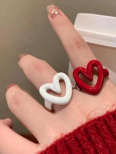 1 件时尚小众设计釉面心形可调节戒指，适合女士情人节、妈妈、母亲、母亲节、礼物