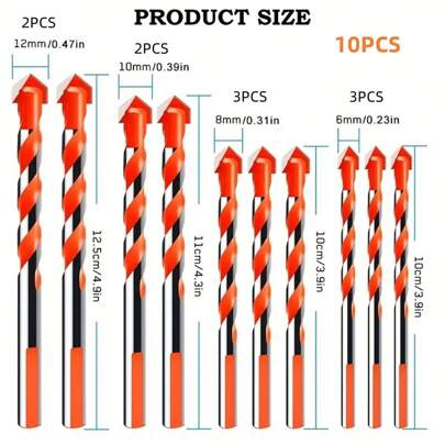 10pcs Ultimate Heavy Duty Drill Bit Set - Hard Alloy Tip 6/8/10/12mm Suitable For Hard Metals, Steel, Ceramic Tiles, Concrete, Glass, Bricks, And Wood,Tool Accessories