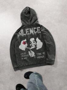 Hemo Men's Washed Vintage Casual Hoodie With Portrait Graphic Print, Streetwear - Black - View 1