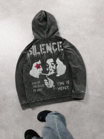 Men's Washed Vintage Hip Hop Portrait Graphic Hoodie, Long Sleeve Top