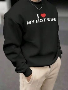 Plus Size Men's Autumn Winter Casual Slogan Printed Crew Neck Sweatshirt - Black - View 2