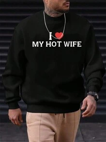 Plus Size Men's Autumn Winter Casual Slogan Printed Crew Neck Sweatshirt - Black - View 1