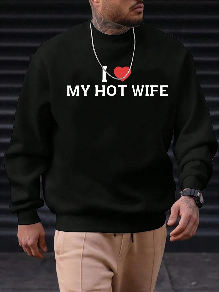 Plus Size Men's Autumn Winter Casual Slogan Printed Crew Neck Sweatshirt - Black - View 1