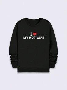 Plus Size Men's Autumn Winter Casual Slogan Printed Crew Neck Sweatshirt - Black - View 3