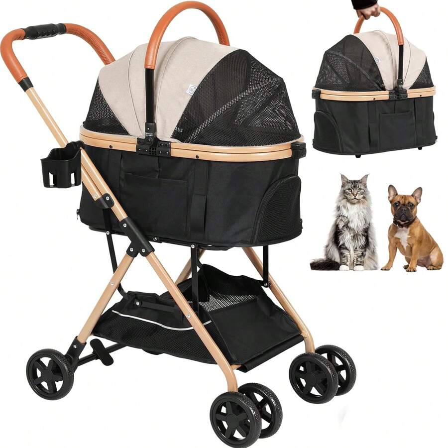 Foldable 4-Wheel Pet Stroller With Storage, Cup Holder, And Waterproof Cover For Small Dogs And Cats Dog Stroller 3-In-1 Foldable Gear For Cat Puppy Small Dogs - 卡其色 - 查看 1