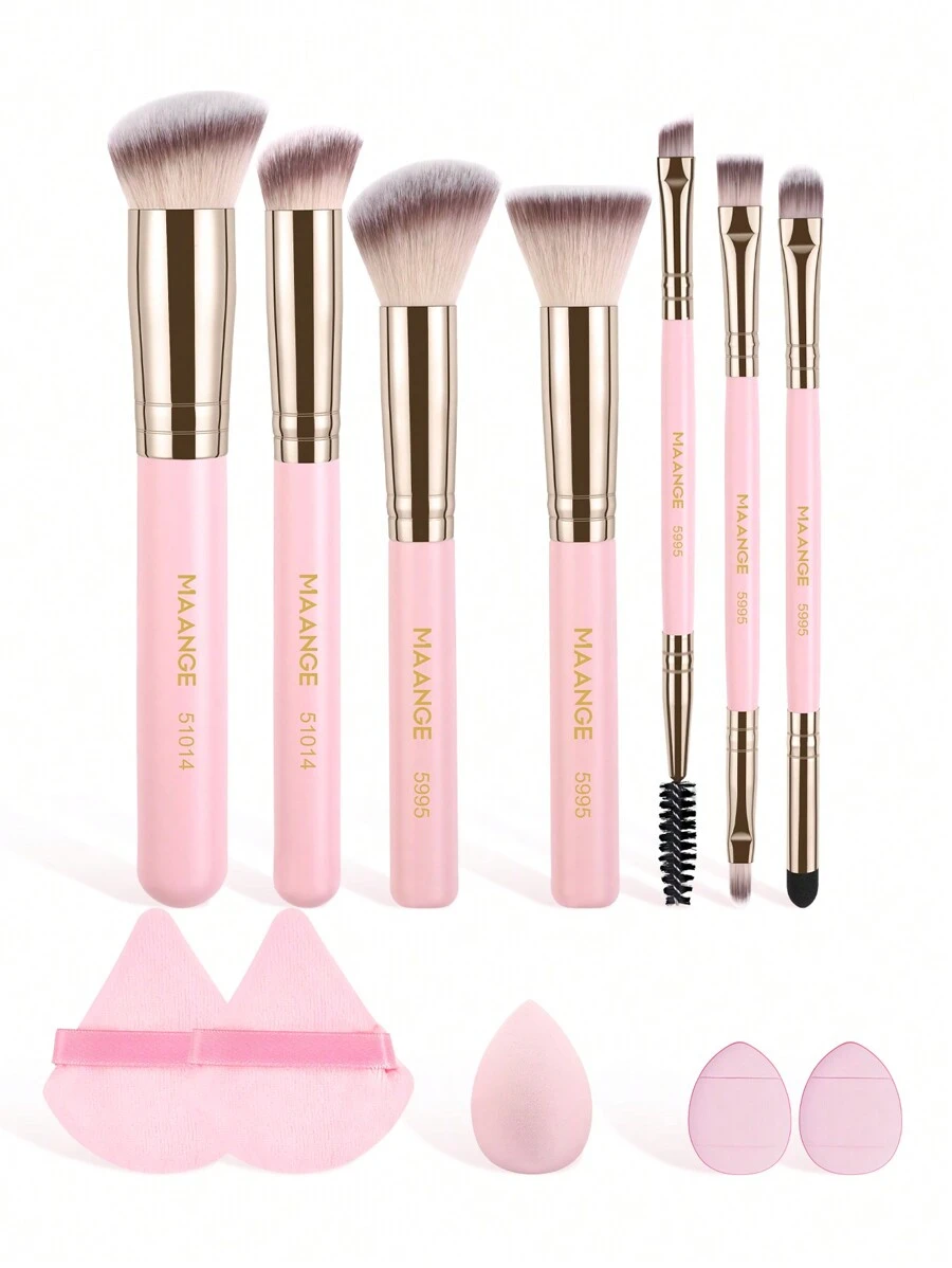 MAANGE Juego de 12 piezas de herramientas de maquillaje que incluye 7 piezas de set de brochas de maquillaje + 5 piezas de accesorios de borlas de polvo, con brocha para rubor, brocha de base, brocha de sombra de ojos, brocha de pestañas, brocha de cejas, brocha de labios, brocha de contorno, brocha de polvo suelto, brocha de corrector, herramientas de maquillaje