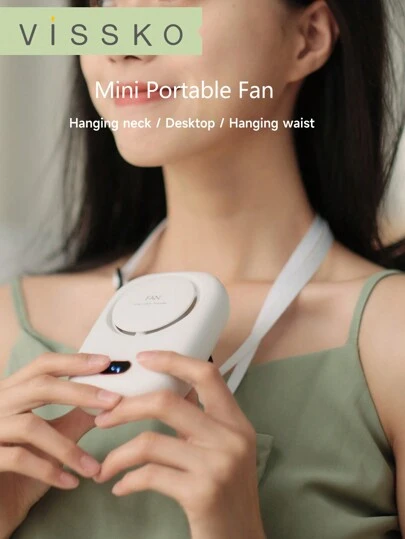 ViSSKO 1pc 2000mAh USB Rechargeable Portable Mini Fan, 3 Wind Speed Levels, Small Compact Design For Outdoor Use, Can Be Hung On Neck, Waist Or Placed On Desk