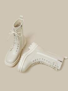 Women's Winter White Boots, New Autumn Winter Thick Sole Ankle Boots Women, Mid-Calf Lace-Up Zipper  Boots