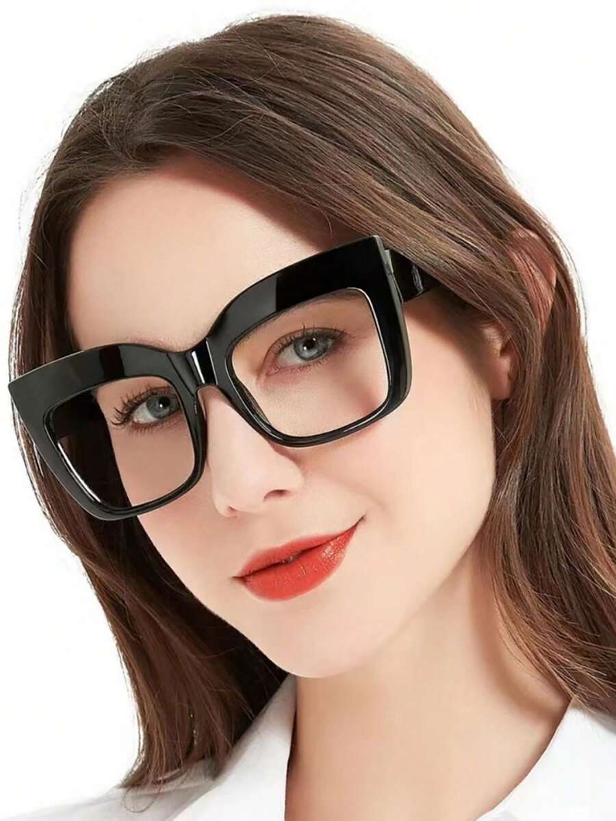 1pc Women's Cat Eye Plano Lenses Eyeglasses, Large Frame Y2K Style Glasses Accessories For Women - Bright Black and White Film - View 1