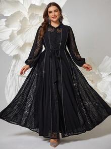 Women's Elegant Random Lace Print 2pcs/Set Dress - Black - View 3