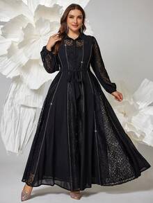 Women's Elegant Random Lace Print 2pcs/Set Dress - Black - View 4