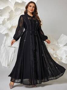Women's Elegant Random Lace Print 2pcs/Set Dress - Black - View 5