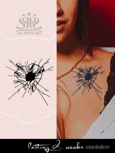 1片装草本果汁半永久性深色破碎心形图案临时纹身贴纸，派对礼物，节日及日常装饰，可持续7-14天，不反光，适用于手部、肩部、颈部、锁骨、身体