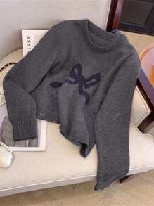 Women's Simple Commuter Solid Color Bow Embossed Long Sleeve Crew Neck Knit Sweater
