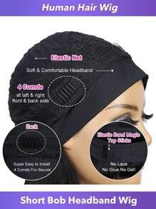 Peruca de Cabelo Humano Tipo Bandana Bob Curta e Reta, Densidade de 150%, Cor Natural, 10-16 Polegadas